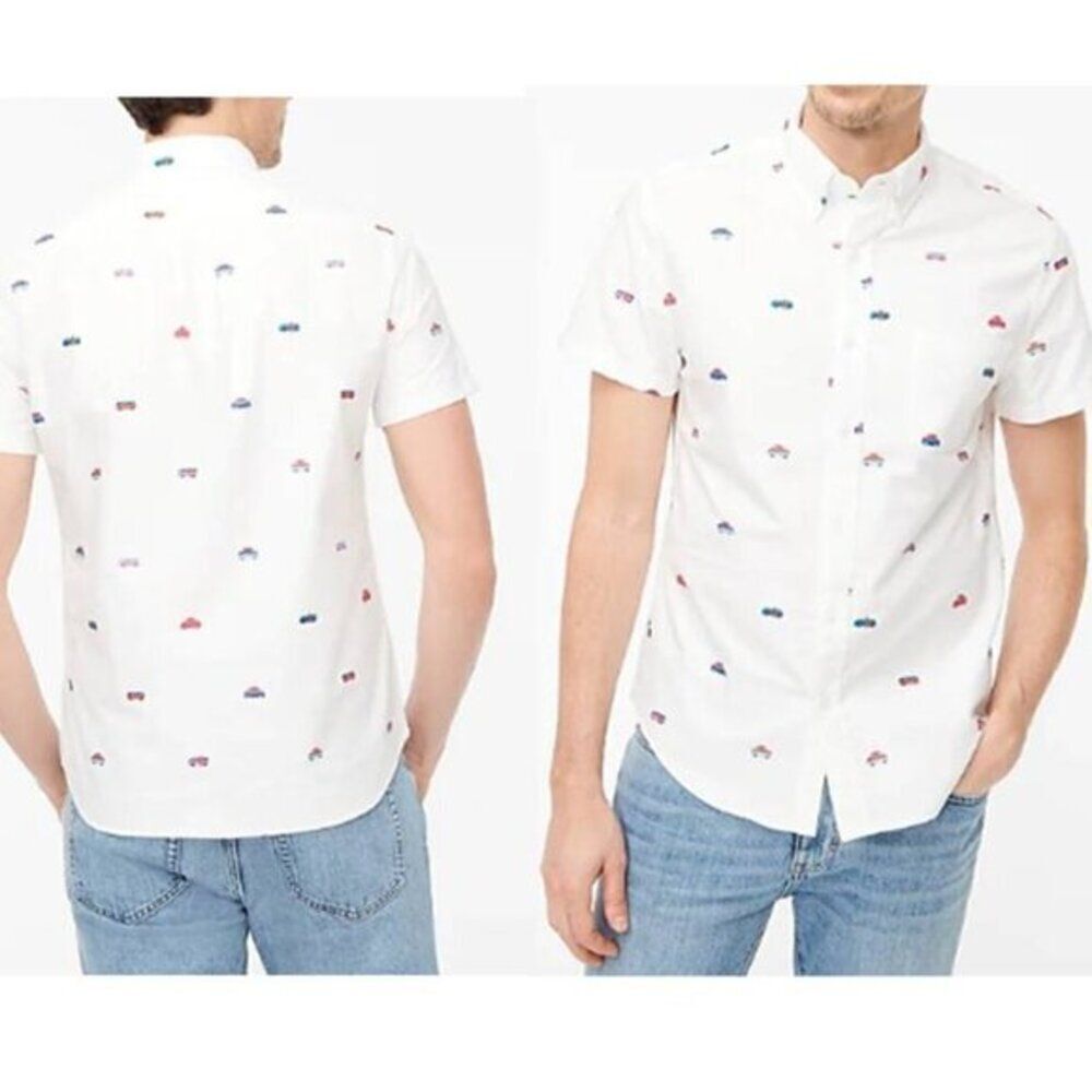 J CREW Cotton Oxford Tops Slize 2XL Slim Fit Cars Allover Print Shirt $89
